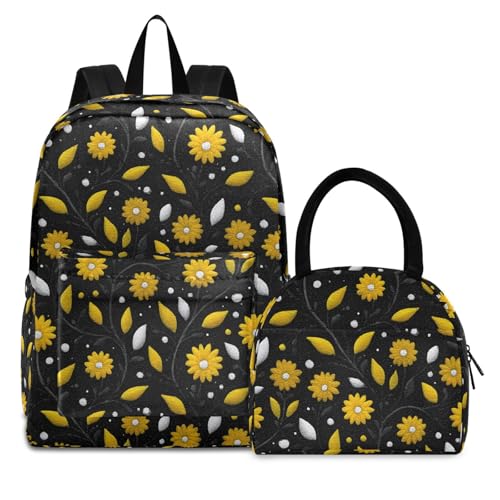 Yellow Floral Print Backpack Set with Lunch Bag, Large Capacity Travel Backpacks and Lunch Box Insulated for Commute Hiking Picnic