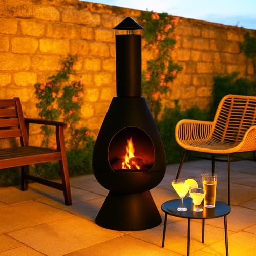 JSH Large Modern Outdoor Fire Chiminea | 110cm Tall Log Burner Patio & Garden Heater | Durable | Easy To Assemble, Lightweight Wood Burner (Black)