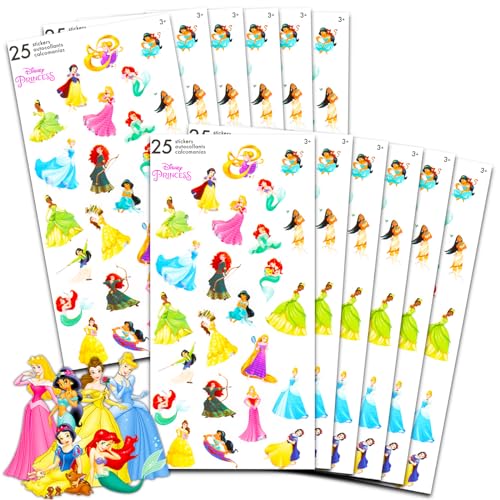 Disney Princess Party Favors for Boys & Girls Bundle ~ 12 Pack Sticker Sheets for Kids Birthday Party Goodie Bags | Disney Princess Party Supplies