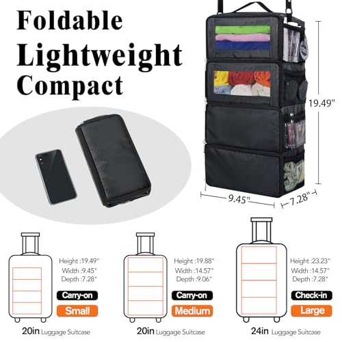 Hanging Travel Organizer, Carry-on Luggage Suitcase Organizer, Portable Shelves Packing Cube for Cruise Essentials, Small, Black2