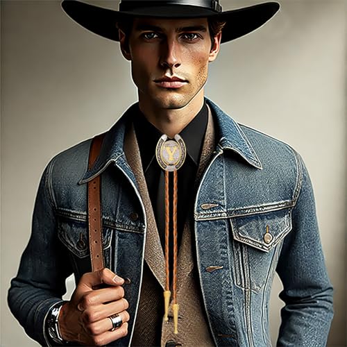 Image of Bolo tie for Men Western Cowboy Brown Leather Necktie Gold Initial Letter ABCDJMR to Z Bolo ties for Women