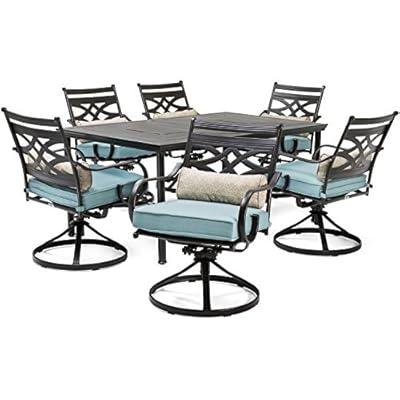 Hanover Montclair 7-Piece Outdoor Dining Set with 6 Swivel Rockers, Ocean Blue Cushions and Stamped Steel Rectangular Dining Table, Patio Dining Set for 6, Premium All-Weather Patio Furniture for Deck