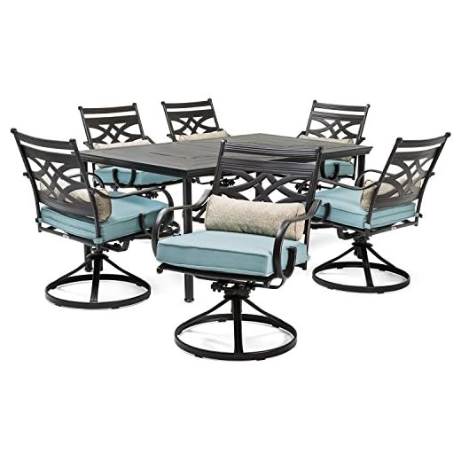 Hanover Montclair 7-Piece All-Weather Outdoor Patio Dining Set, 6 Swivel Rocker Chairs with Comfortable Blue Seat and Lumbar Cushions, 40"x66" Stamped Rectangle Table, MCLRDN7PCSQSW6-BLU