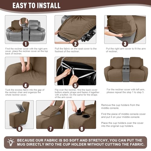 Image of KinCam Loveseat Recliner Covers with Middle Console Slipcover, Recliner Sofa Covers 2 Seat Couch Cover Stripe Jacquard Furniture Protector Covers with Elastic Bottom for Kids, Pets (Brown)