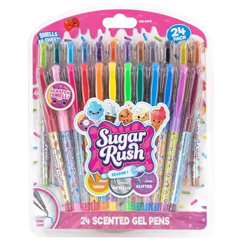 Scentos Sugar Rush Colored Gel Pens for Kids - Candy Scented Pens - Medium Point Gel Pens for Coloring - For Ages 4 and Up - 24 Count (Metallic Glitter)