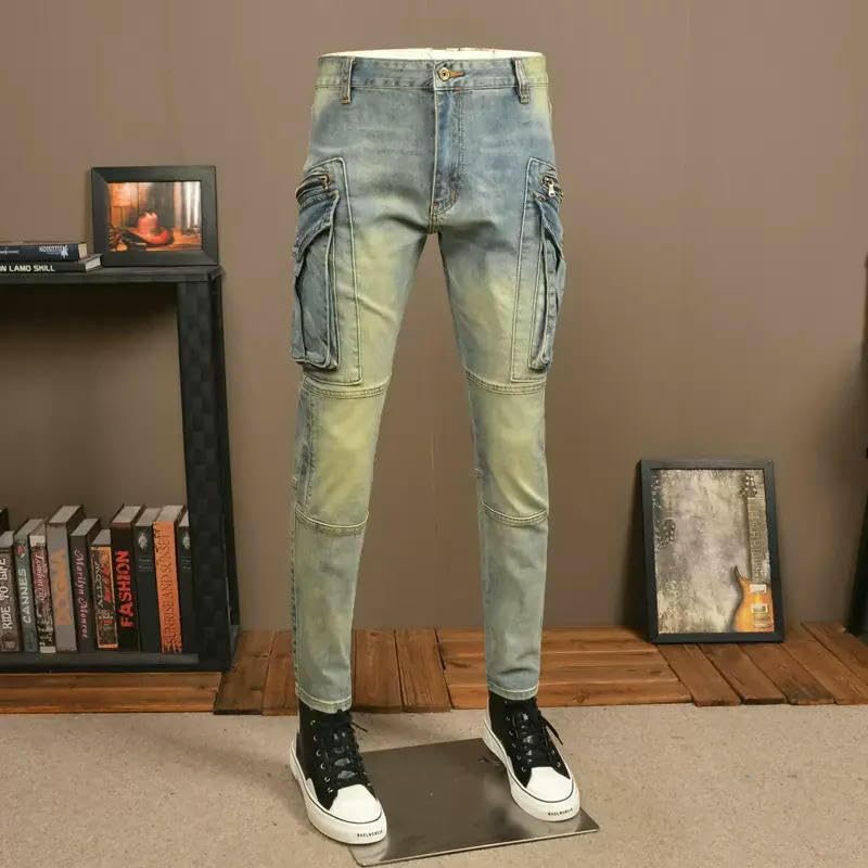 Street Mens Jeans Retro Washed Blue Stretch Slim Fit Spliced Biker Jeans Men Pocket Hip Hop Denim Cargo Pants4