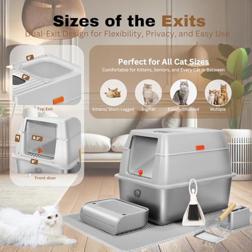 XL Stainless Steel Litter Box with Lid, Fully Enclosed 6" Deep Metal Cat Litter Box, Leak-Proof, Clumping Litter for Large, Multi-Cats, with Litter Mat, Scooper & Brush (6" Light Gray XL)