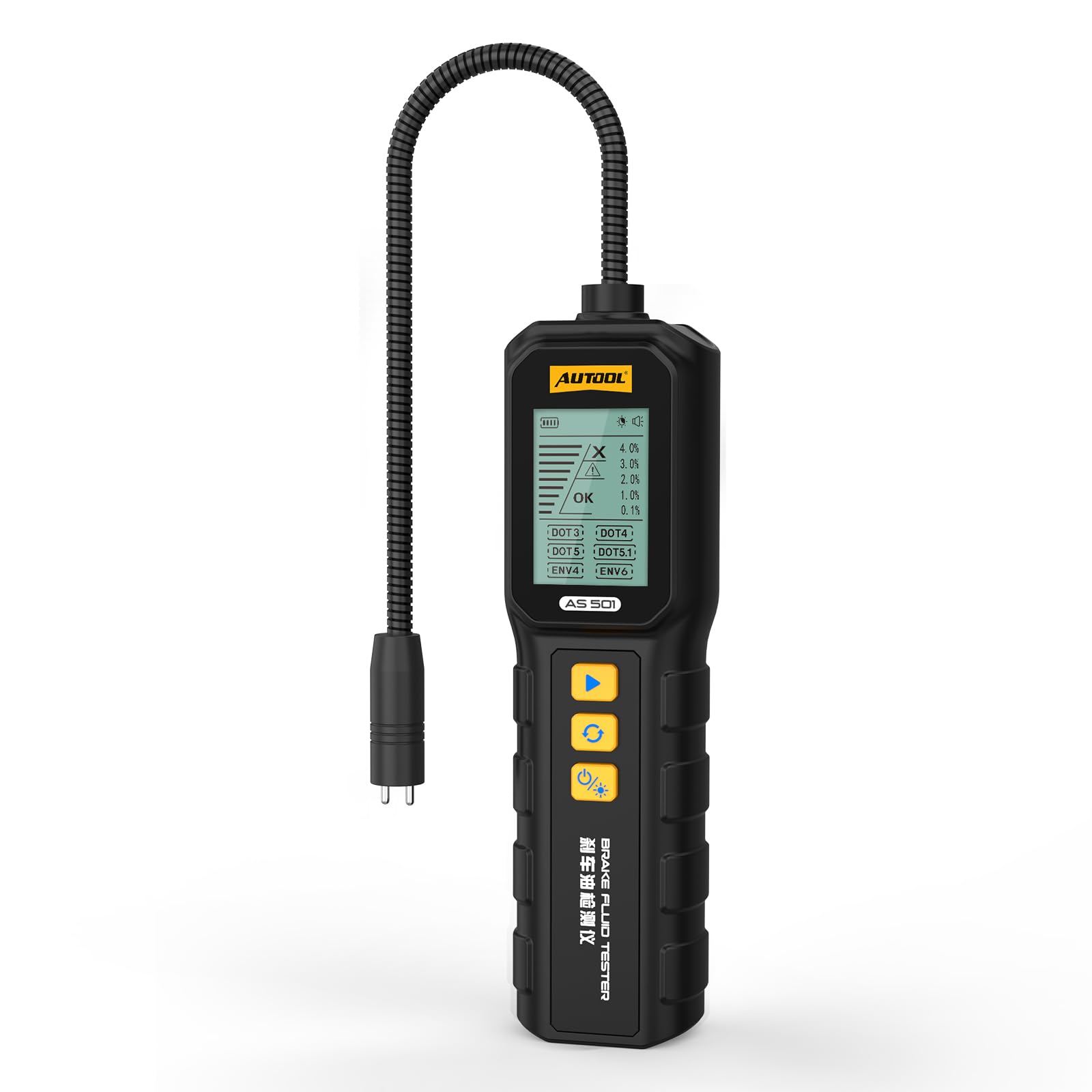 AUTOOL, tester per liquido dei freni, rilevatore di umidità con sonda resistente alla corrosione da 25,4 cm per DOT3/DOT4/DOT5/DOT5.1/ENV4/ENV6 con display retroilluminato (AS501)