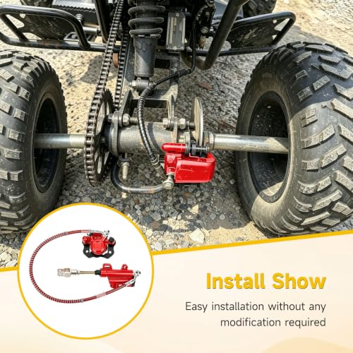 Image of HIAORS Rear Hydraulic Foot Brake Kit for 110cc 125cc Taotao Chinese ATV | ATV Rear Brake Kit Caliper Master Cylinder Assembly for Coolster 125 110cc 4-Stroke Quad 4 Wheeler Parts Kazuma Baja Sunl Red