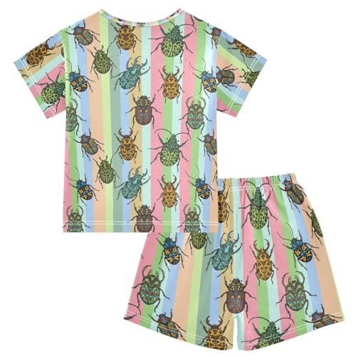 Pajama Short Sets Beetle Pattern Colorful Stripes Soft Cotton Summer Sleepwear 2 Piece PJS Size 5-14T2