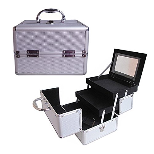 BerucciTM Professional Silver 10" Lightweight Aluminum Makeup Artist Organizer Kit with 2 Extendable Trays, Aluminum Trimming, Lock and Keys, and Mirror, and Shoulder Strap