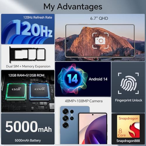Image of X25 Ultra Unlocked Phones,Built - in Pen，Snapdragon888,12GB RAM+512GB ROM Unlocked Cell Phone, 6.9 inch OLED Screen, 48+108MP Camera, Battery 5000mAh,Dual SIM, Android 14,WiFi 5 (Blue)