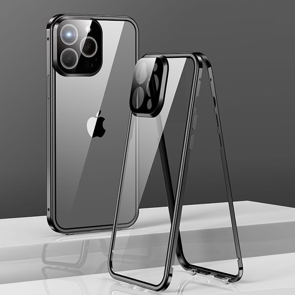 Funda transparente magnética iPhone 12 anti-golpes con vidrio doble cara y marco metal negro 7