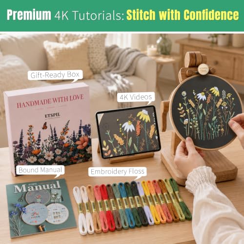Image of ETSPIL Embroidery Kit for Adults, 2 Hoops, 4K Slow-Mo, Pre-Printed Patterns | Stitch Together. 17 Vibrant Floss, Bound Guide. Needle Minder, Storage Tube, All Tools. No Washing. Relaxing Craft for Women