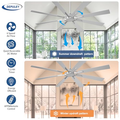 Image of Depuley Ceiling Fan Without Light: 66 Inch Big Indoor Outdoor Fan with Remote APP Control - Large Modern Silver Ceiling Fan no Light 8 Blade Reversible Quiet DC Motor Memory Function Timer
