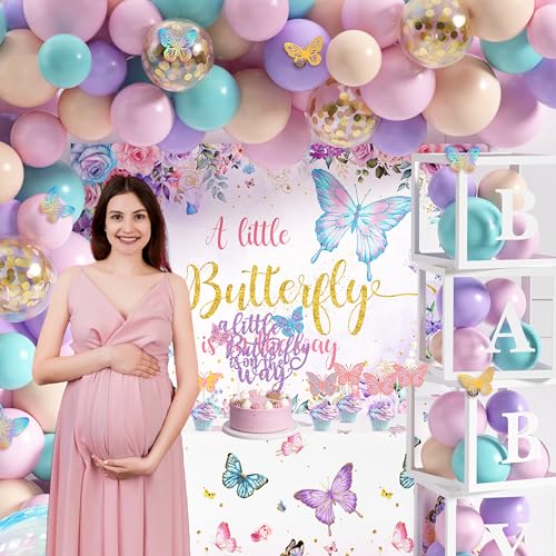 Image of TREWAVE Butterfly Baby Shower Decorations for Girls A Little Butterfly Is On The Way Party Backdrop Butterfly Cake Toppers Stickers Pink Purple Balloons Baby Boxes for Girl Birthday Baby Shower Decor