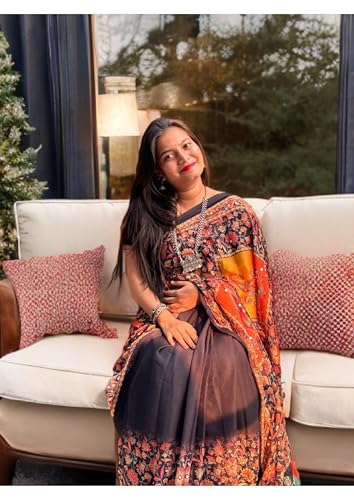 Image of Women's Banarasi Silk Georgette Saree Featuring Silver Sequin And Mirror Work