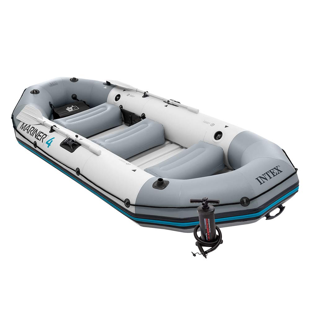 Intex 68376, Canotto Unisex – Adulto, Blu/Grigio/Nero, 4 persone & 68624, Kit Montaggio Motore Canotto, Grigio/Argento 68624