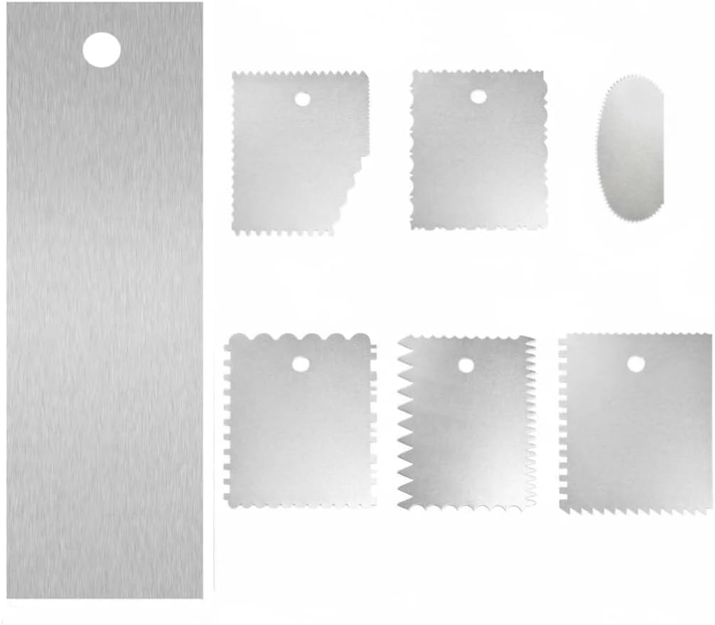 7-Piece Stainless Steel Cake Decorating Scraper set, Professional Edge Combs, Large Icing Smoothers for Butter,cream, Frosting, Mousse, and Baking Projects