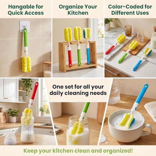 Image of 3PCS Replaceable Cleaning Bottle Sponge Brush Sponge Cup Brush Set with 3 Replacement Brush Head Portable Long Handle Water Bottle Cleaner Brush for Water Bottle Glasse Bottle Mugs Cup (Color Random)