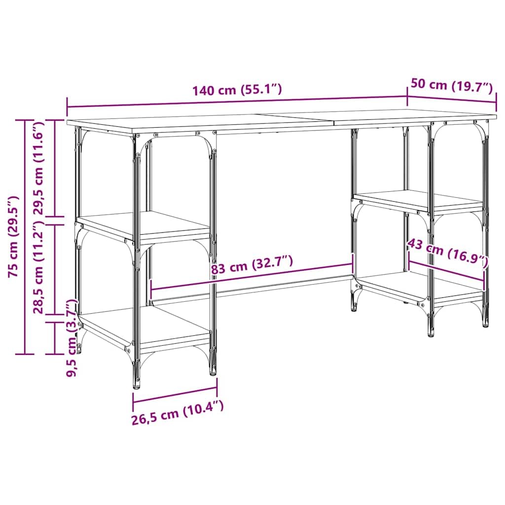 Scrivania con mensola in legno anticato, 140 x 50 x 75 cm, struttura in metallo, stabile, per ufficio, casa, ufficio, con spazio e ripiano per computer, PC, laptop, monitor da gioco