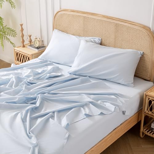 Yibeizi Light Blue 100% Washed Cotton Linen Feel Sheet Set Full Size 4 Pieces Deep Pocket Bed Sheets Soft Breathable Hotel Bedsheets