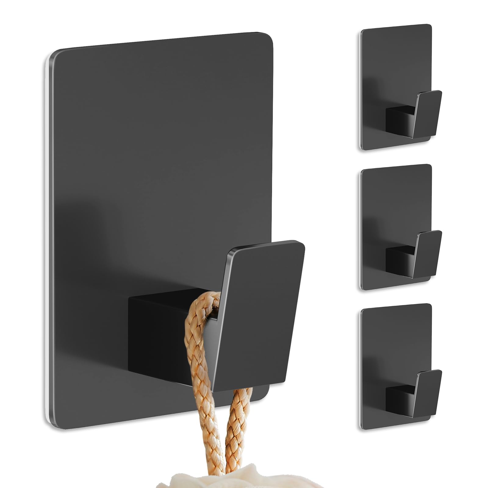 Towel Hooks for Bathrooms, Adhesive 4 Pack Towel Hooks, Heavy Duty Wall Hook for Hanging Towel, Robe, Loofah, Purse, Stainless Steel Shower Hooks for Inside Shower, Kitchen (Black)