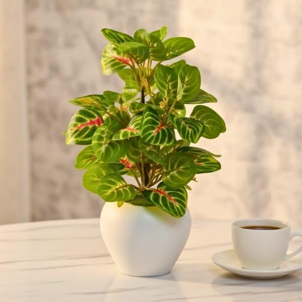 Image of fancymart Artificial Plant Leaves in Apple Pot (30 cm Height) | Small Potted Plant for Office Desk | Home Decor for Living Room | Cafe & Restaurant Table Decoration