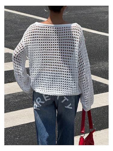 Floerns Women's Hollow Out Knit Sweater Long Sleeve Scoop Neck 4th of July Pullover Tops2