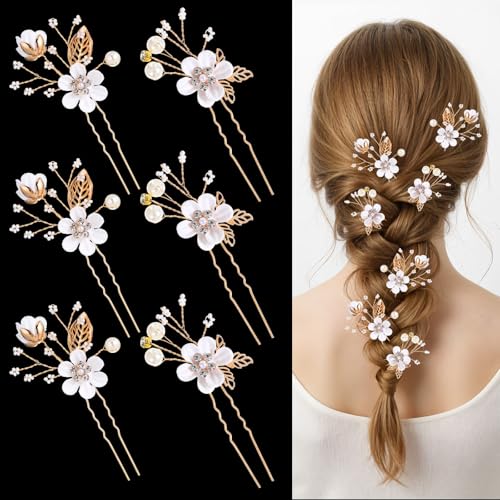 6Pcs Bridal Wedding Hair Pins, Crystal Pearl & Rhinestone Flower Headpiece Clips with Gold Accents, Elegant Hair Accessories for Brides, Bridesmaids & Updo Styles