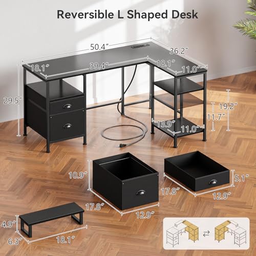 Image of Furologee 50 Inch L Shaped Gaming Desk with Power Outlet, Corner Computer Desk for Home Office, Reversible Work Study Table with File Drawer, Monitor Stand, Storage Shelves, Black