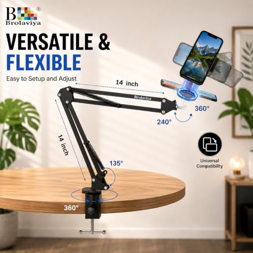 Image of BROLAVIYA Ovehead Magnetic Phone Holder with Adjustable Clamp Arm | Hands-Free Bed, Desk & Table Mount | 360 Rotation | Strong Magnet Compatible with iPhone and Smartphones for Home, Office