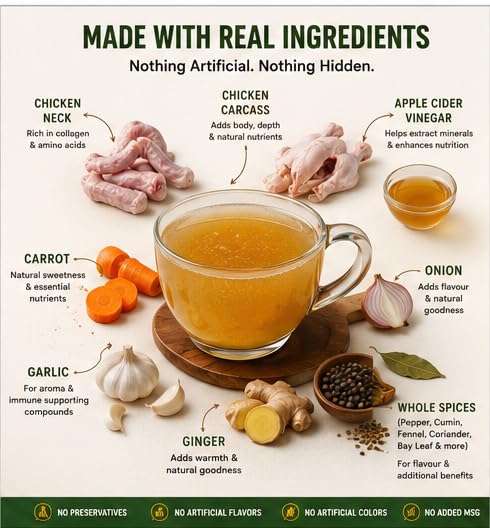 Image of Chicken Bone Broth - 300g | Ready to Drink or Cook Strong Liquid Stock | Slow Cooked 8+ Hours | No Added Preservatives | Rich Flavor from Aromatic Whole Spices | Rich in Natural Collagen | Natural Support For Gut and Joint |