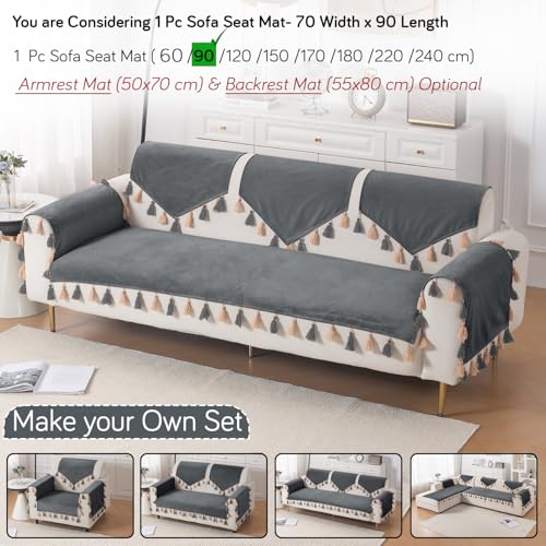 Image of HOKIPO Premium Holland Velvet Sofa Cover with Tassel for 1 /2 /3 Seater & L Shape Sofa | Make Your Own Set, 'TasselTone Series' Sofa Mat, 70(W) x 90(L) cm, Graphite Grey (IN-1105-DGRY)