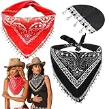 Vabean 2 Pcs Disco Rhinestone Fringed Bandana Paisley Bandanas Cowgirl Bachelorette Rhinestones Tassel Kerchief(Red and Black)