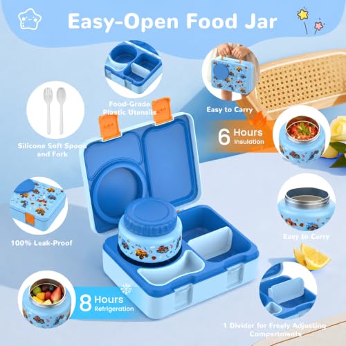 Image of Bento Box for Kids, Leakproof Kids Lunch Box with 8.5OZ Thermo Food Jar & Lunch Bag, 3-4 Compartments Toddler Insulated Lunch Box for Boys, BPA Free Lunch Containers for School Daycare