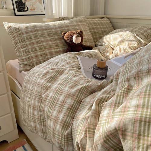 Image of MKXI Pistachio and Pink Plaid Duvet Cover Twin, 3-Piece Vintage Aesthetic Bedding Set, 100% Washed Cotton, Breathable & Lightweight Reversible Design with Zipper Closure