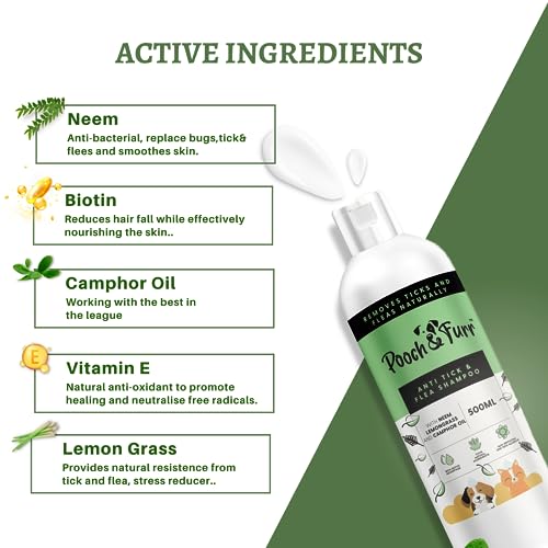 Image of POOCH & FURR (1000 ML) Natural Neem Anti Tick and Flea Dog Shampoo | with Neem, Lemongrass and Camphor Oil | Paraben Free, PH Balanced and Cruelty Free (500 ml)