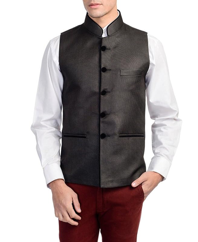 RANMUK Men's Jute cotton Modi/Nehru Waistcoat Black-picture-16