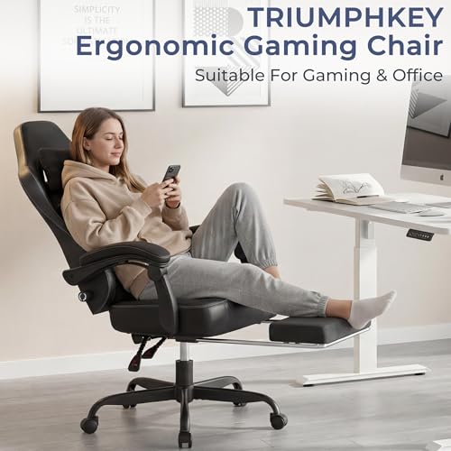 TRIUMPHKEY Gaming Chair, Ergonomic Office Chair with Footrest Headrest, Adjustable Computer Chair, Lumbar Support, Spring Cushion, Synchronized Armrests, Max 200KG, Obsidian Black - Image 4
