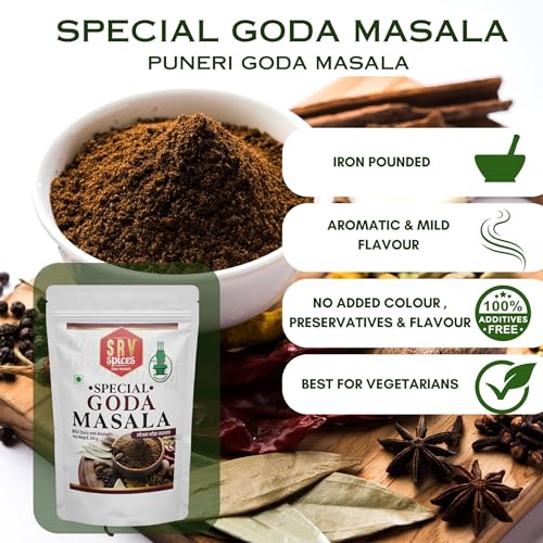 Image of SRV Spices Goda Masala - 250gm | Traditional Maharashtrian spices | Iron Pounded, Sweet Aroma, Preserves Natural Oils | Brahmani Puneri Kala Masala for Dal, Khichdi, Veg Curries & Bhaji