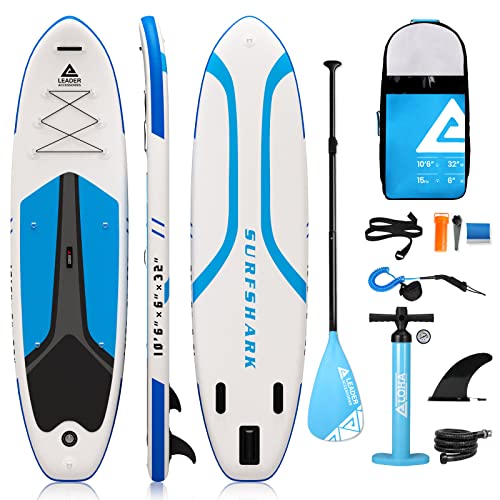 Leader Accessories 10'6" Inflatable SUP Board All Round Stand Up Paddle Board Pump Backpack Adjustable Paddle 10'6"x32"x6" (Surfshark-Light Blue)