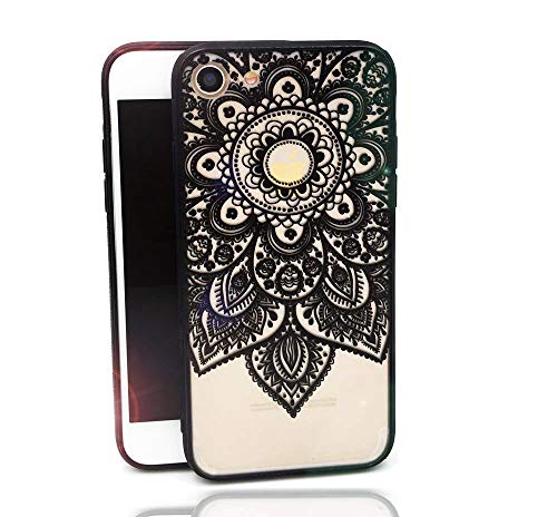 iPhone 8 Case,iPhone 7 Case,Tropical Flower Printed Slim Fit Case for Girls Soft Bumper Shockproof Hard Matte Back Cover Lace Totem Henna Design for iPhone 8 iPhone 7 Black Floral Mandala