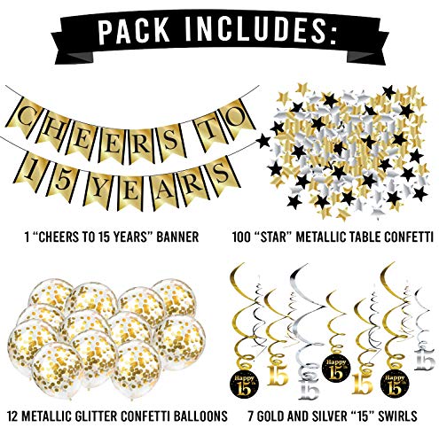 15th Birthday and Anniversary Decorations Party Pack - Pre-Strung Banner, Balloons, Swirls - 15th Birthday Decorations for Him or Her - Party Supplies and Gifts by Sterling James Co. - Image 2