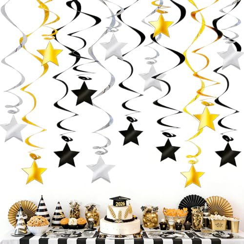 Gold Black Silver Star Hanging Swirl Decorations - 30 Pcs Metallic Ceiling Swirls with Foil Stars, Plastic Spiral Streamers for Graduation Birthday Wedding Baby Shower Party Supplies
