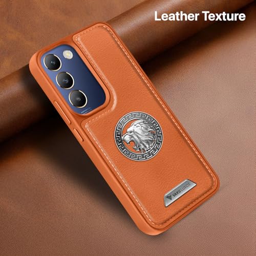 Image of Vaku Luxos Regal Shield TPU Back Cover Case for Vivo T3 5G Metal Lion Engraved Leather Stitched Design Camera Screen Protector- Brown