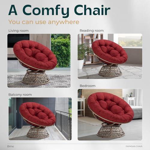 Image of Bme Ergonomic Wicker Papasan Chair with Soft Thick Density Fabric Cushion, High Capacity Steel Frame, 360 Degree Swivel for Living, Bedroom, Reading Room, Lounge, Cherry Sangria - Brown Base