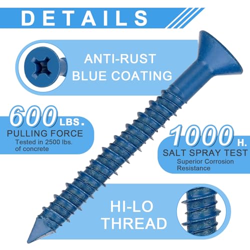 Aovchei C-SCREW-04 80 Packs, Concrete Screw Anchor, 3/16 Inch X 1-1/4", Blue Flat Head Screws For Anchoring To Masonry, Brick, Block, Cement Or Stucco thumb #2