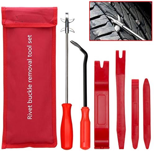 Trim Removal Tool and Tire Cleaning Hook,6Pcs Car Panel Door Audio Trim Pry Tool Kit, Auto Fastener Remover Tire Stones Removing Tool