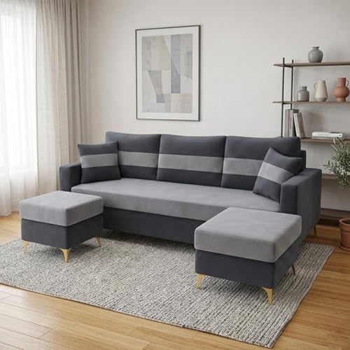 Image of SOCOZI Bastian 5 Seater L Shape Sofa Set with 2 Movable Ottomans | Flexible Layout| Soft Velvet Suede Fabric|Modern Sofa with Golden Legs|Comfort Cushions for Living Room (Light Grey-Dark Grey)